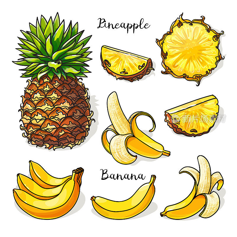 Tropical fruits set whole and slices: pineapple, banana.